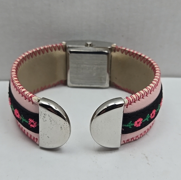 Womens Vintage Gruen Silver Quartz Watch Pink Flower Band New Battery Cuff - Picture 8 of 11